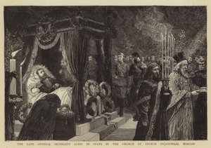 El difunto General Skobeleff yaciendo en estado en la Iglesia de Tryech Swjatitelei, Moscú de Charles J. Staniland